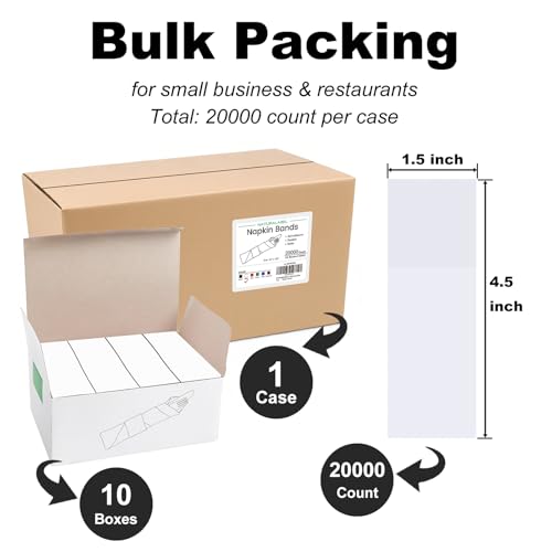 Image of NATURALABEL Bulk Pack of 20,000, Self-Adhesive Napkin Bands for Small Business, Restaurants, Events - 10 Boxes, 2000 per Box (White)
