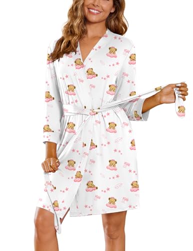 Image of Ekouaer Women's Robes Lightweight 3 /4 Sleeve Short Knit Bathrobe Soft Knee Length Sleepwear Robes with Pockets S-XXL