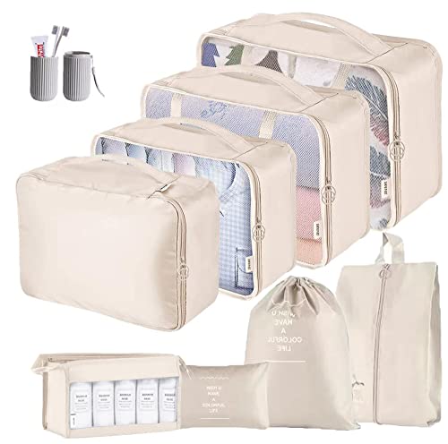 ZDKGER Packwürfel für Koffer, 9 Stück, Reise-Verpackung, Würfel, Gepäck-Organizer, Taschen, wasserdicht, für Kleidung, Schuhe, Kosmetik, Toilettenartikel, Aufbewahrungstaschen (beige) Cover
