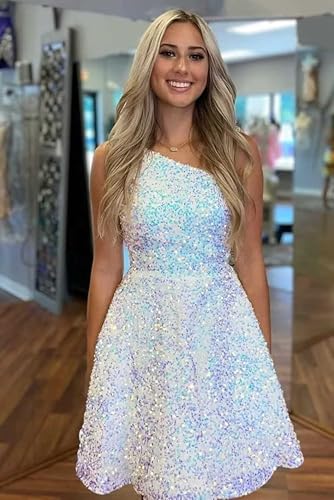 One Shoulder Homecoming Dresses for Teens Short Sequins A-Line Formal Party Gown with Pockets3