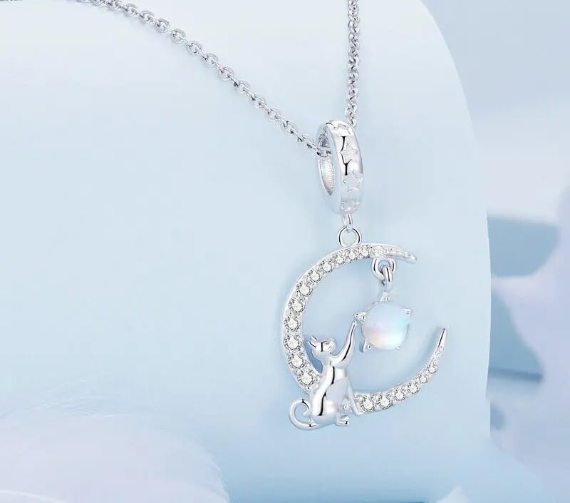 925 Sterling Silver Moon & Cat Pendant Necklace Blue Moonstone Neck Chain for Women Fine Jewelry SSS-0218