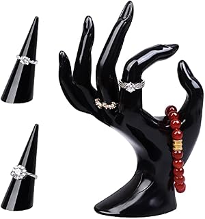 TBoxBo Hand Jewelry Display Holder 1 Pcs OK Shape Mannequin Hand Bracelet Ring Holder & 2 Pcs Cone Shape Acrylic Ring Display Stands Ring Holder Showcase Stand Jewelry Ring Organizer Black