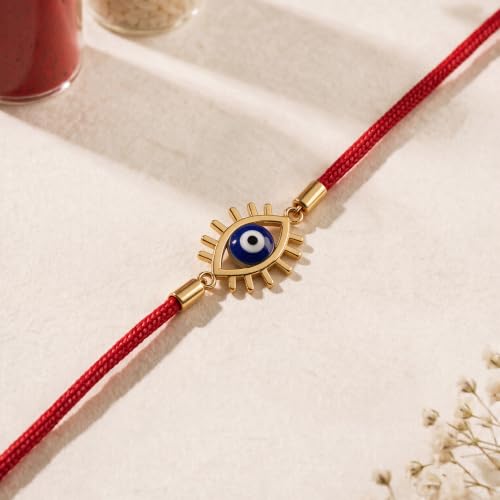 Image of PALMONAS Demifine 18K Gold Plated Evil Eye Rakhi for Brother - Waterproof & Anti-Tarnish Designer Rakhi for Men | Premium Raksha Bandhan Rakhee with Roli Chawal