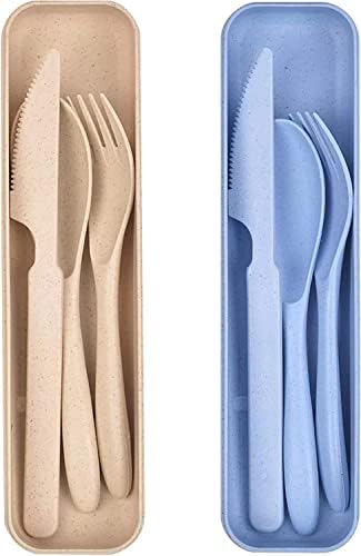 Travel Cutlery Set with Case, Reusable Cutlery Set Plastic Cutlery Set Plastic Forks Spoon Tableware, Portable Camping Cutlery Set for Adult Kids Travel Picnic Camping or Daily Use (Beige Blue)