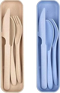 Travel Cutlery Set with Case, Reusable Cutlery Set Plastic Cutlery Set Plastic Forks Spoon Tableware, Portable Camping Cutlery Set for Adult Kids Travel Picnic Camping or Daily Use (Beige Blue)