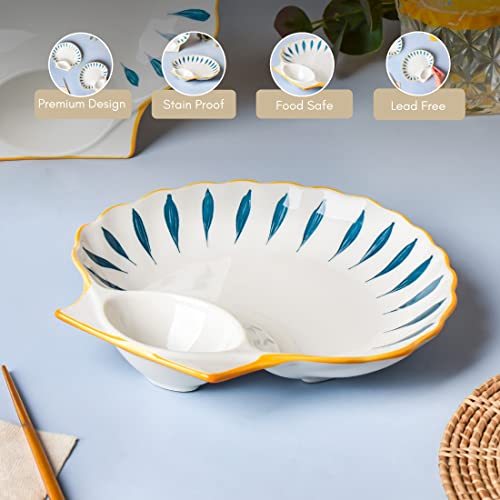 Image of Nestasia Set of 2 Ceramic Shell-Shaped Snack Plate with Dip Section for Chutney | Microwave & Dishwasher Safe Starter Plates | Perfect for Fries, Momos, Sushi, Kebab (White & Blue)