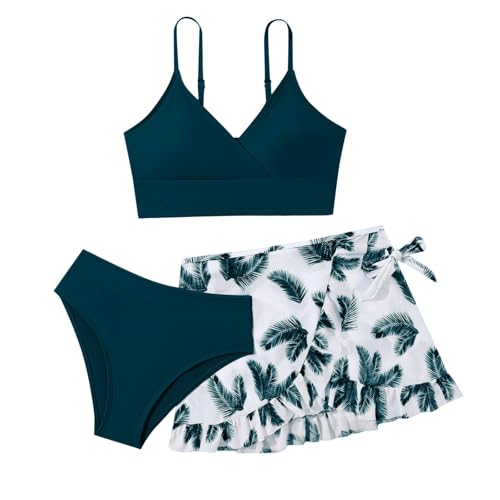 Traje de baño de niña de tres piezas bikini color sólido con volantes bragas de baño traje de niña niño de tres piezas, Azul oscuro., 11-12 Años