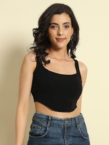 Image of Trend Arrest.ed Women's Stretchable Corset Style Crop Top | Square Neck Sleeveless Zipper Back Body-Hugging Fit | Casual