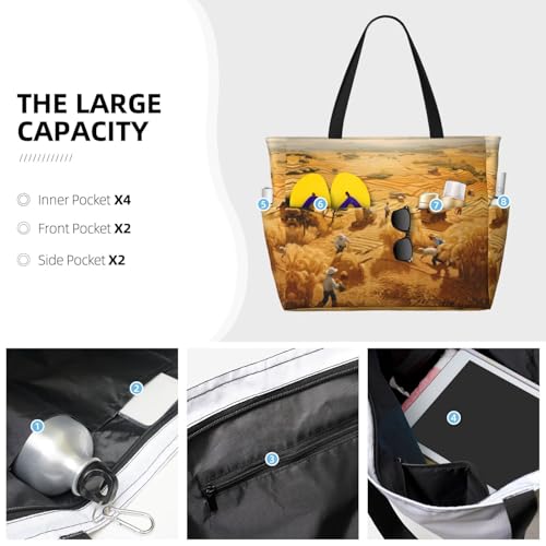 wheat harvest Large Capacity Beach Travel Bag, Foldable Beach Bag with Zipper, Great for Grocery Bag Pool Gym Travel Shopping3