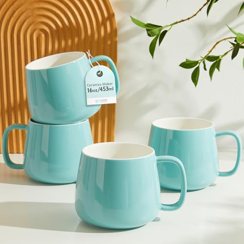 Teocera 16oz Ceramic Coffee Mugs Set of 4 – Stackable Latte Cups, Microwave, Dishwasher & Oven Safe – Ideal for Coffee, Cappuccino, Hot Chocolate, Housewarming Gifts, Turquoise