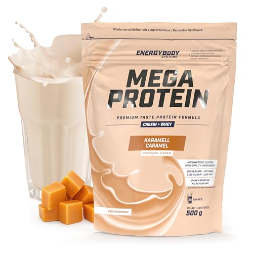 Energybody Mega Protein „Karamell“ 500 g / Mehrkomponenten Protein mit Casein Whey Mix als Eiweißshake / Eiweisspulver ohne Aspartam/ Protein-Pulver / 20 Portionen