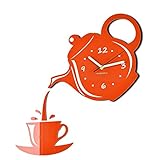 Fabricante en Alemania. FLEXISTYLE Moderno Reloj de Pared para la Cocina, Taza y Tetera Naranja, 45 cm x 45 cm, 3D, silencioso