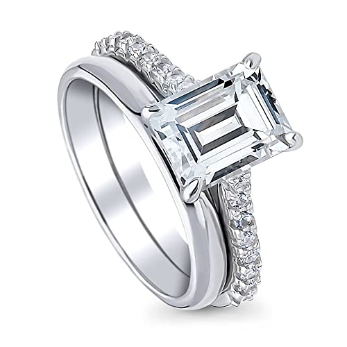 BERRICLE Sterling Silver Solitaire Wedding Engagement Rings 2.6 Carat Emerald Cut Cubic Zirconia CZ Ring Set for Women, Rhodium Plated
