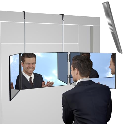 TONINT 3 Way Mirror,360 Mirror Self Cut Hair,Adjustable & Foldable Portable Trifold With Height Retractable Hook,For DIY Haircut,For Hair Cutting,Coloring,Braiding,Shaving,Self Haircut For Men