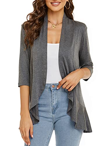 Image of Womens Lightweight Cardigan Open Front Cardigans Soft Draped Ruffles 3 /4 Sleeve Cardigan (S-3XL)