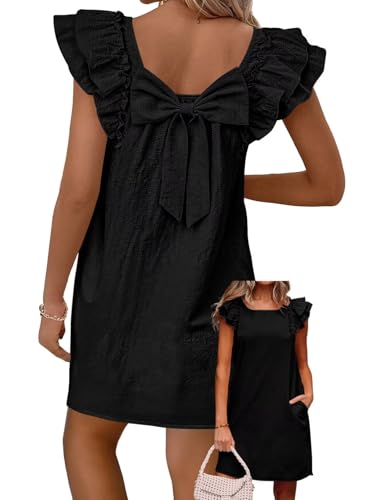 Image of Falechay Womens Summer Dresses Bow Tie Back Sundresses for Women Ruffle Short Sleeve Dress Casual Cute Sundress with Pockets