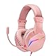 Kopfhörer mit Mikrofon, rosa Design, Surround-Sound, Bequeme Ohrpolster, kabelgebundene Konnektivität, ideal für Gaming und Multimedia.
