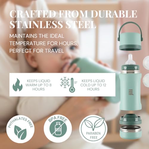 Image of Jili All-in-One Baby Bottle, Insulated Stainless Steel Bottle with Formula Container, Anti-Colic Nipple, and Leak-Proof Lid, Baby Essentials for Travel, BPA and Phthalates-Free, Sage, 8 oz.