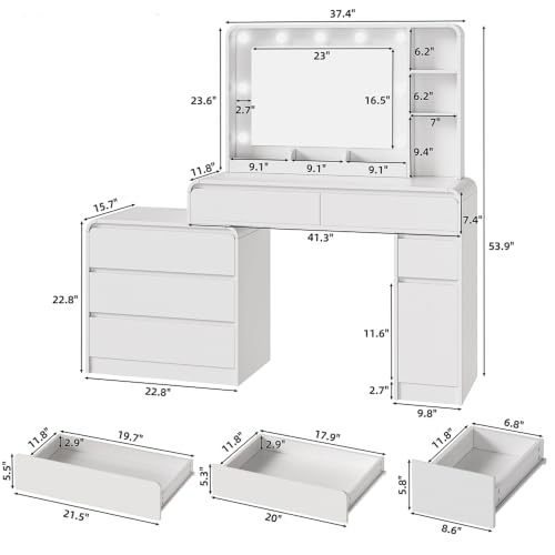 Image of 60.2 inch Makeup Vanity Desk with Charging Station, White Makeup Dressing Table with Mirror & Lights, 3 Lighting Modes Adjustable Brightness, Vanity Table with Power Outlet and 6 Drawers