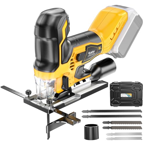 Ecarke Cordless&Brushless Jig Saw Compatible With Dewalt 20V, 3800RPM, 7 Speeds Dial Control, Free-Tool ±45° Bevel Cuts, 4 Orbital Action, Dust Blows and 6 Blades For Cutting (Only Tool)