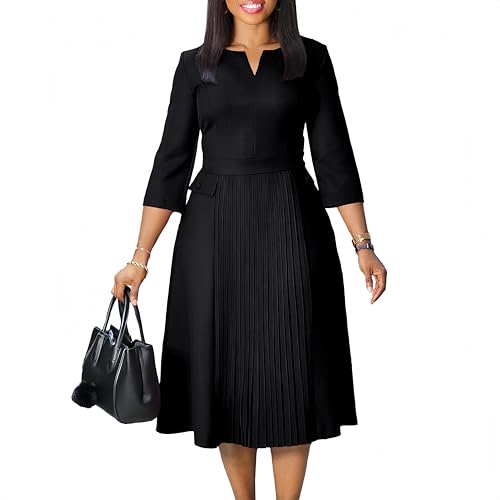 INR - Women's Black Midi Work Dress - Elegant Business and Church Pleated Dress - Best Deal on Amazon