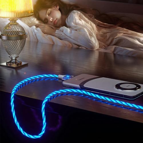 Image of IHAO Multi Ports Light-Up USB Cable USBA to USBC /MicroUSB Cable Durable Fast Charging Cable with Visible Current Flow As Night Light Use-3in1 Blue