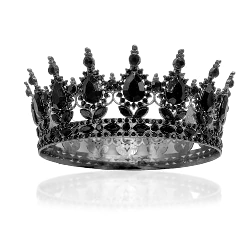 [Gift Box Packed] Queen Crown Women Rhinestone Wedding Bride Crown Princess Girls Tiara Full Round Crystal Headband Costume for Birthday Prom Pageant Halloween Fancy Dress Hair Accessories Black