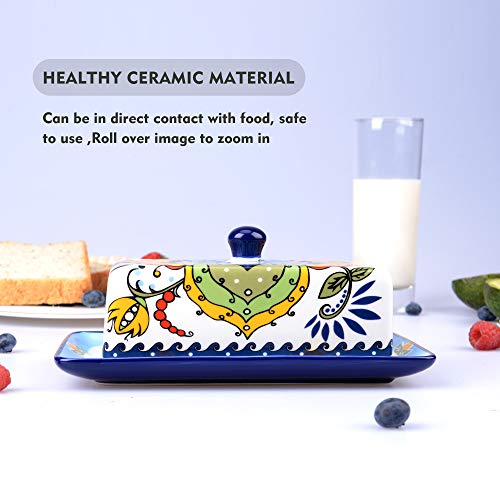 NAGU Hand Drawn Ceramic Butter Dish with Lid, Farmhouse Butter Plate Tray with Cover, Vintage Cheese Container Holder for Kitchen Countertop, Decorative Colored Country Style Home Butter Keeper Saver