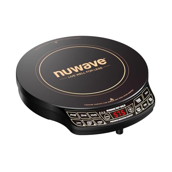 Nuwave Precision Induction Cooktop Gold, 12” Shatter-Proof Ceramic Glass Surface, Large 8” Heating Coil, Portable, 51Temp Settings 100°F to 575°F, 3 Wattage Settings 600, 900, and 1500 Watts