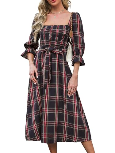 CUPSHE Women's Maxi Dresses Square Neck Plaid Smocked Belted Ruffled Casual Half Trumpet Sleeve A Line Long Party Dress Navy Plaid, XS at Amazon Women's Clothing store