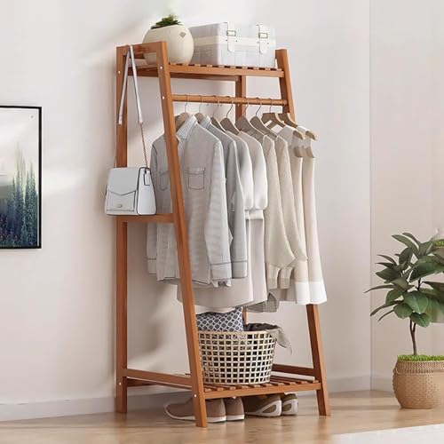Perchero multifuncional de bambú, colgador de madera independiente con 4 estantes, fácil montaje, elegante organizador de ropa para dormitorio, 50 x 40 x 140 cm