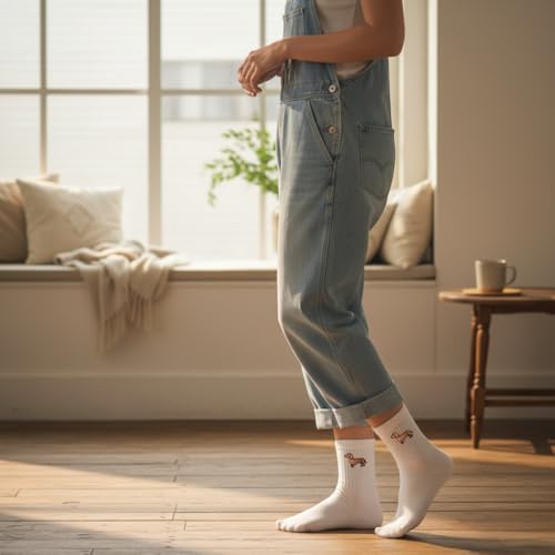 Tindo Dackel Socken Damen Herren – Weiße Crew Socken mit Dackel Stickerei – Lustige Hundemotiv Socken – Retro Streetwear Unisex – Bequeme Baumwollsocken & Geschenkidee für Tierliebhaber
