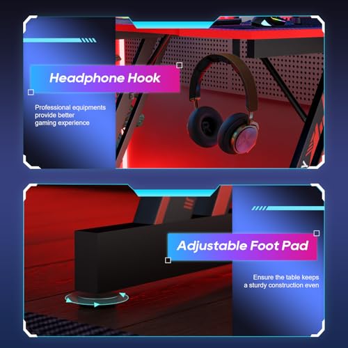 Image of BestOffice Gaming Desk 35 in PC Computer Desk Z Shaped Gaming Workstation Ergonomic Gaming Table with Headphone Hook for Home Office,Black&Red | PC Computer Workstation, Ergonomic Gaming Table, Headphone Hook, For Home Office