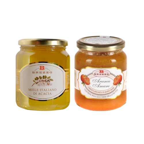 Brezzo Kit de degustación de miel de acacia, 500 g y compota de frutas orgánicas, naranjas amargas, 390 g