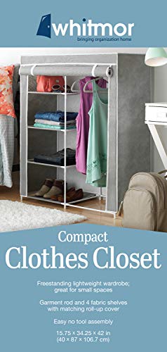 Whitmor Compact Clothes Closet - Space Saving - 4 Shelves and Hanging Closet Rod - Grey