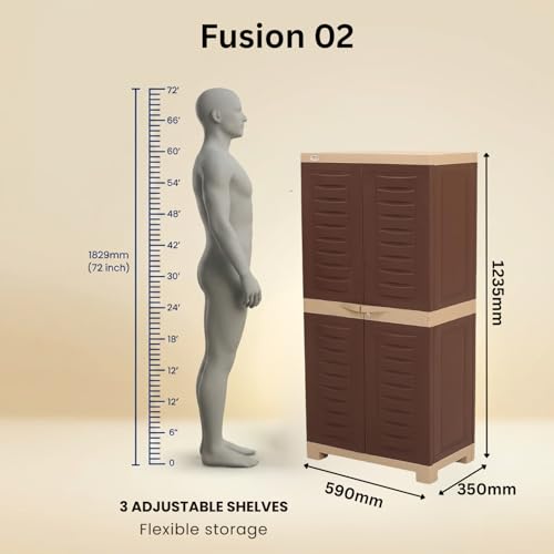 Image of Supreme Furniture Fusion 02 Multipurpose Plastic Cupboard | 40-Months Warranty* | 2 Door Tall Storage Cabinet with 3 Adjustable Shelves | Big Waterproof Organiser for Living Room | DIY | Brown Beige