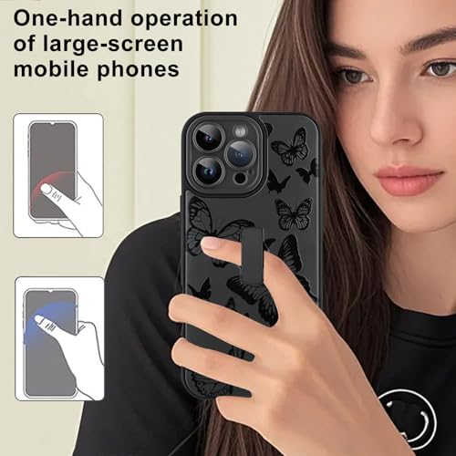 Image of for iPhone 16 Pro Case with Finger Strap Holder, Cute Cool Butterfly Print Pattern Design for Women Men, Shockproof Anti Scratch Hand Kickstand Protective Cover, Gray