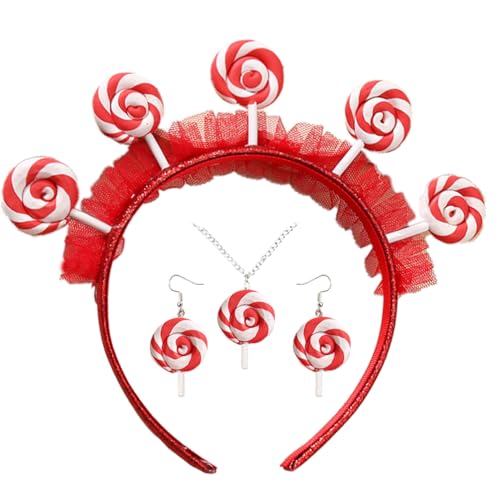 Tahonuss 4pcs Sweet Costume Accessories Set Include Cute Lollipop Headband Rainbow Striped Candy Christmas Outfit for Cosplay (Fashion-Red)