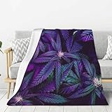 Psychedelic Purple Marijuana Weed Pot Leaves Throw Blankets 50'x40' Lightweight Flannel Fleece Cozy Soft Blanket Home Decor for Couch Bed Sofa Bedroom Living Room Travel Birthday Christmas All Season