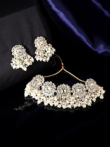 Image of Yellow Chimes Jewellery Set for Women Kundan Studded Beads Drop Choker Necklace Set with Earrings for Women and Girls