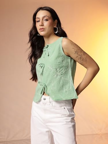 Image of Amazon Brand - INKAST Women Textured Sleeveless Peplum Tunic Top|Round Neck Multi-Tie Front Blouse|Casual Wear|