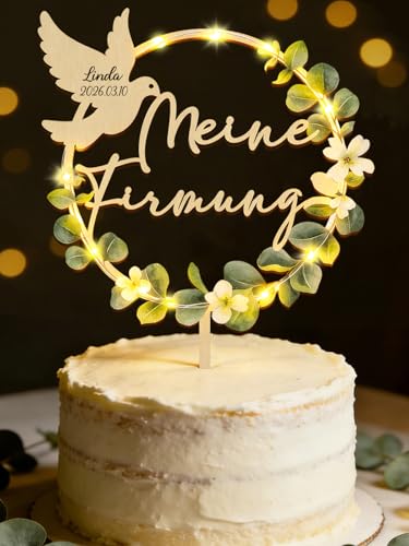 Tortendeko Firmung mit LED Lichterkette Cake Topper Meine Firmung aus Holz Eukalyptus Tortenstecker Deko Junge Mädchen Geschenke Gastgeschenke Elegant Kuchen Deko