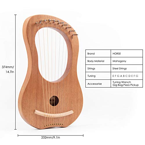 Horse Lyre Harp,10 Metal String Bone Saddle Lye Harp Mahogany String Instrument with Tuning Wrench Extra one Set String Piezo Pickup and Black Gig Bag - Thumbnail 4