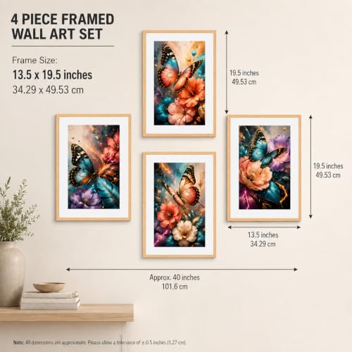 Image of Livin'luxe Set of 4 Butterfly Floral Wall Paintings with Sparkle Laminate and Premium Wooden Synthetic Frame for Living Room Bedroom Office Decor (13.5 x 19.5 Inch)