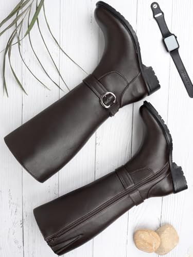 Image of ELLE Women Tan Brown Solid High-Top Block Heel Regular Boots
