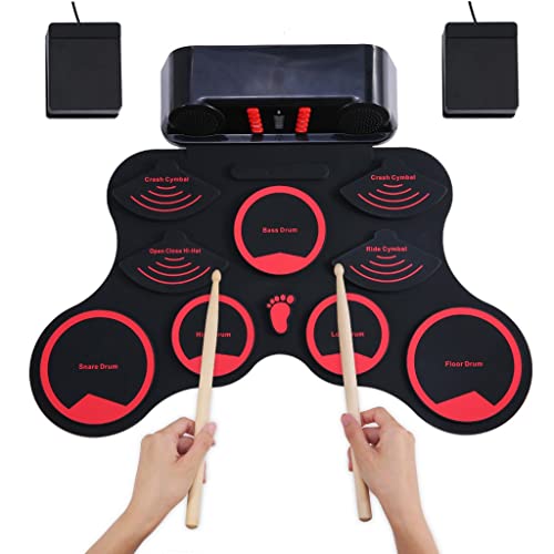 Portable Electronic Drum Set Digital Foldable MIDI Kit 9 Silicon Durm Pads Built-in Stereo Speakers (Color : As Shown, Size : One Size)