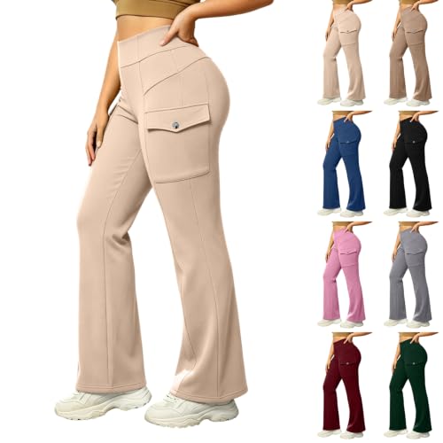Women Workout Flare Leggings High Waisted Fleece Lined Cargo Leggings Beige - image 1