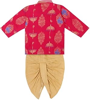Superminis Boy's Golden Foil Printed Side Open Cotton Kurta, Round Collar, Full Sleeves With Cream Color Dhoti
