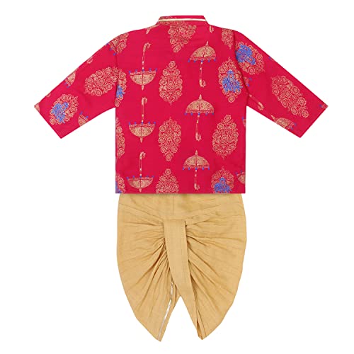 Superminis Boy's Golden Foil Printed Side Open Cotton Kurta, Round Collar, Full Sleeves With Cream Color Dhoti