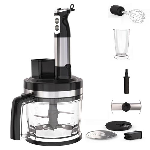 Kit de Batidora de Mano, Procesador de Alimentos 6 en 1 con Ajuste de 12 Velocidades, Recipiente de 2000 Ml, Cuchillas de Doble Capa, Función de Triturar/Rebanar/Cortar en Cubitos, Batidora